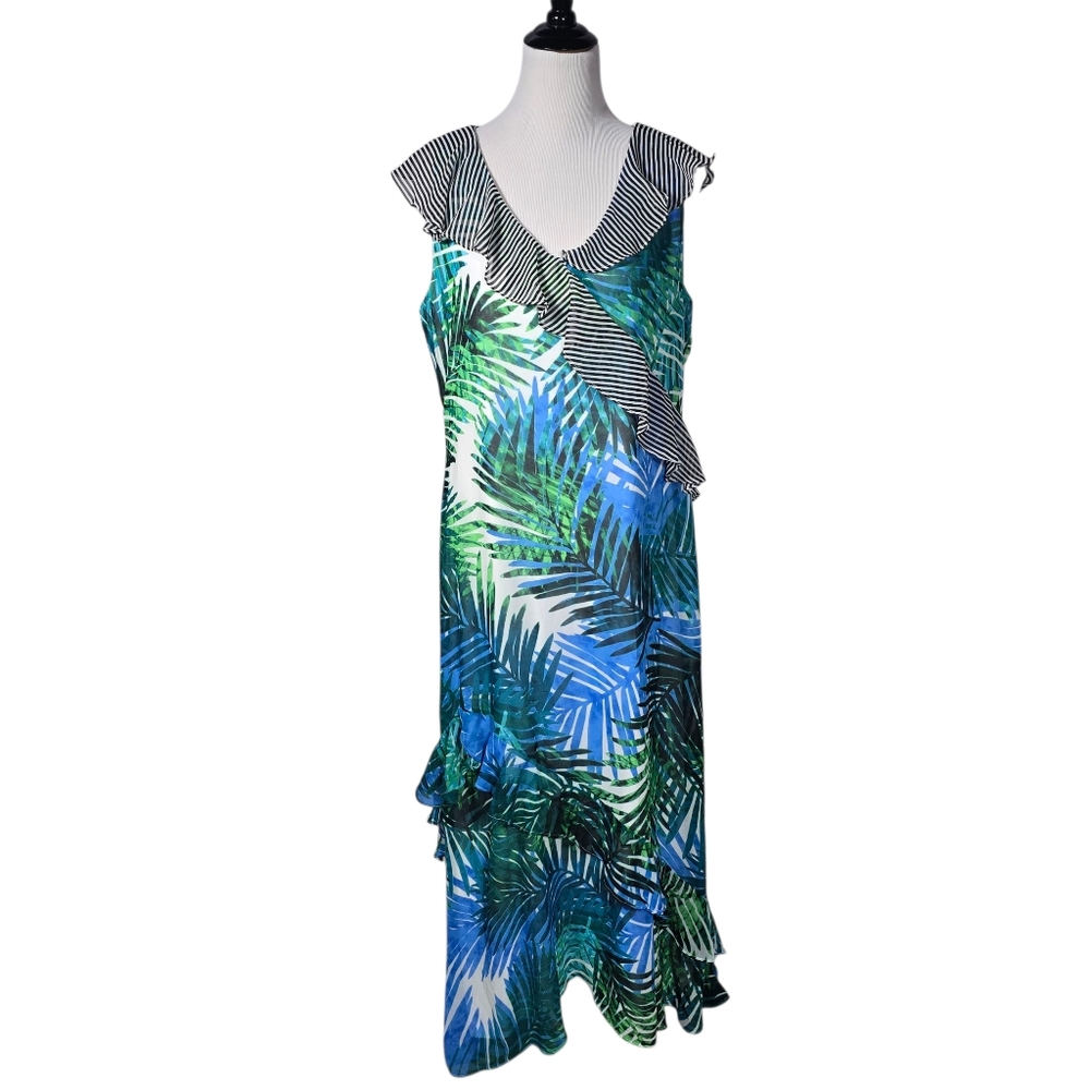 Calvin Klein Size 14 Multicolor Island Print Ruffle Sleeveless Maxi Dress NWT